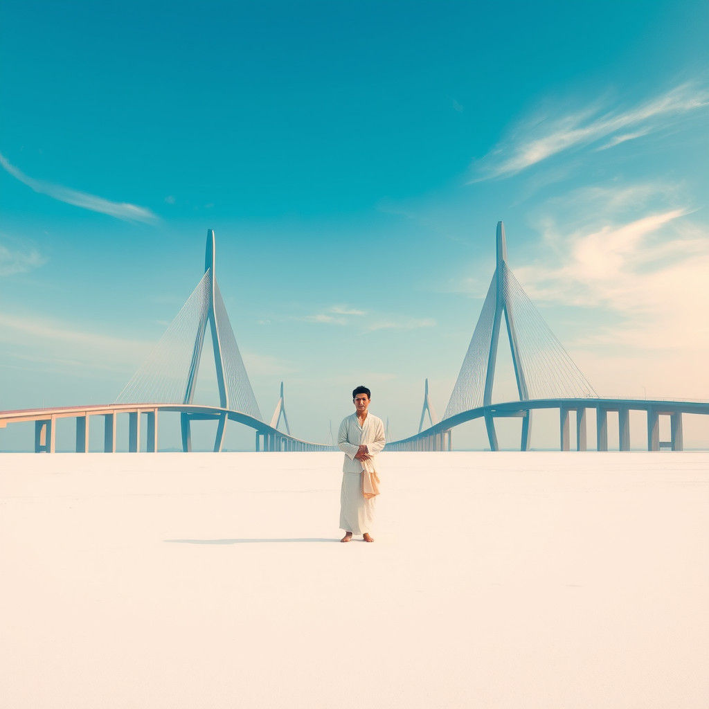 Contemplative Beach Scene with Futuristic Bridges