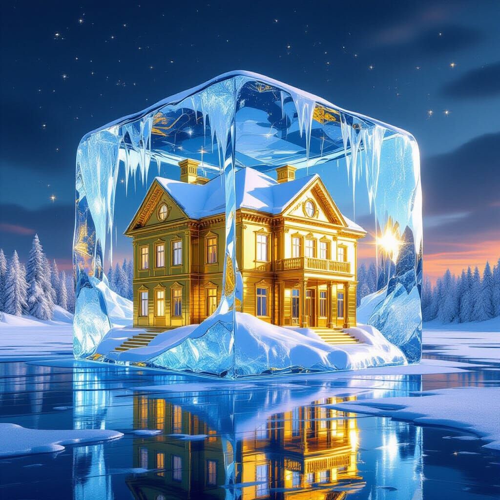 Golden House Trapped in Giant Ice Cube
