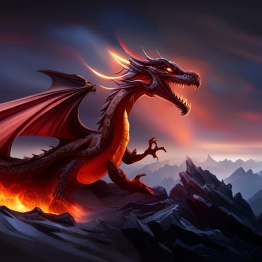 epic Red dragon blowing flames from mouth on mountain top wi...