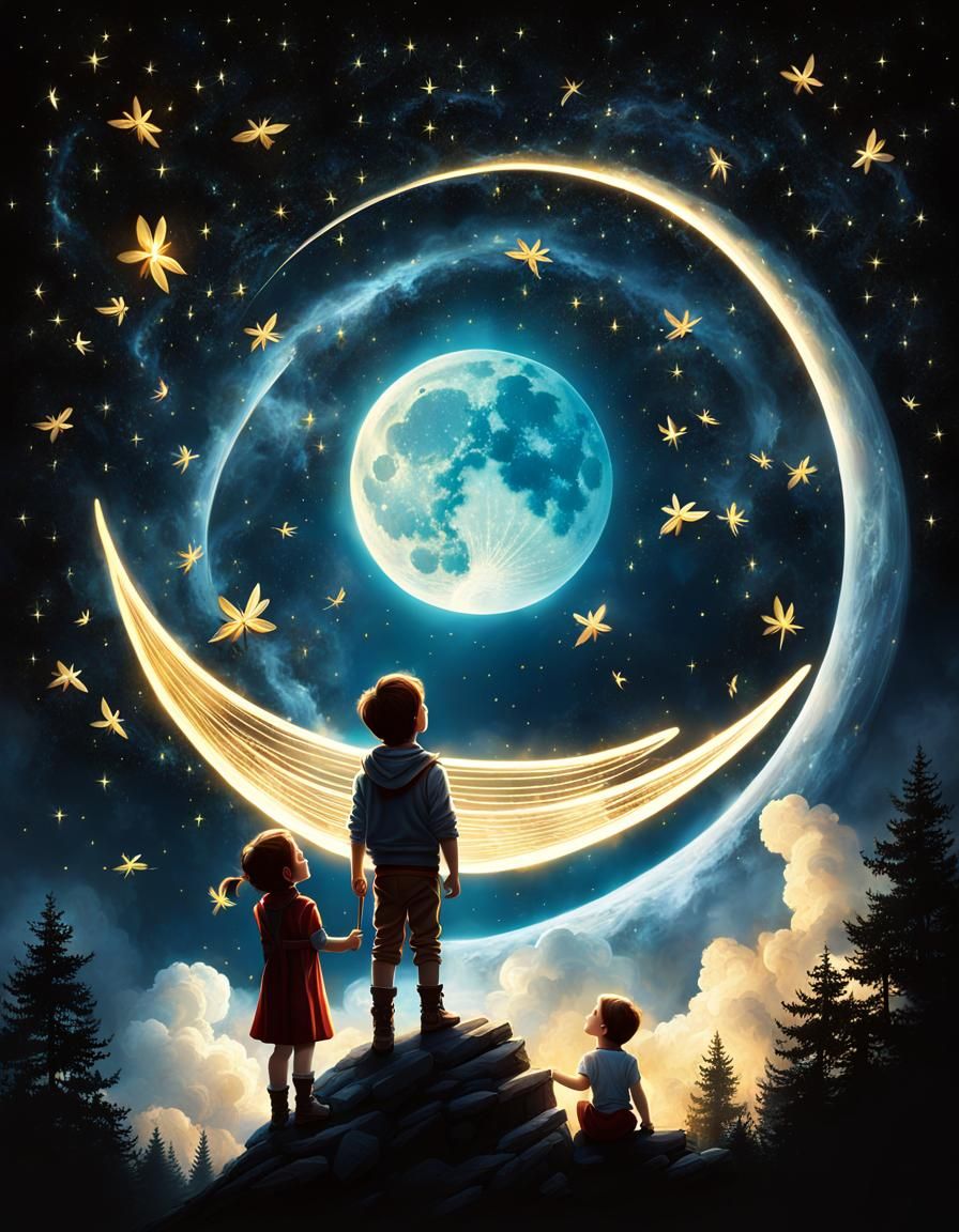 Children Discover Fireflies in Nebulous Sky: Storybook Art