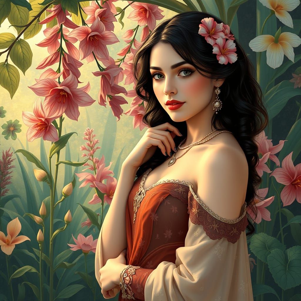 Elegant Woman in Botanical Garden, Art Nouveau Style