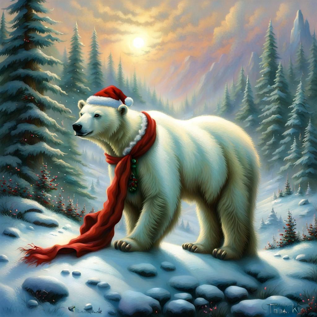 polar bear Santa hat snow ethereal fantasy hyperdetailed mis...
