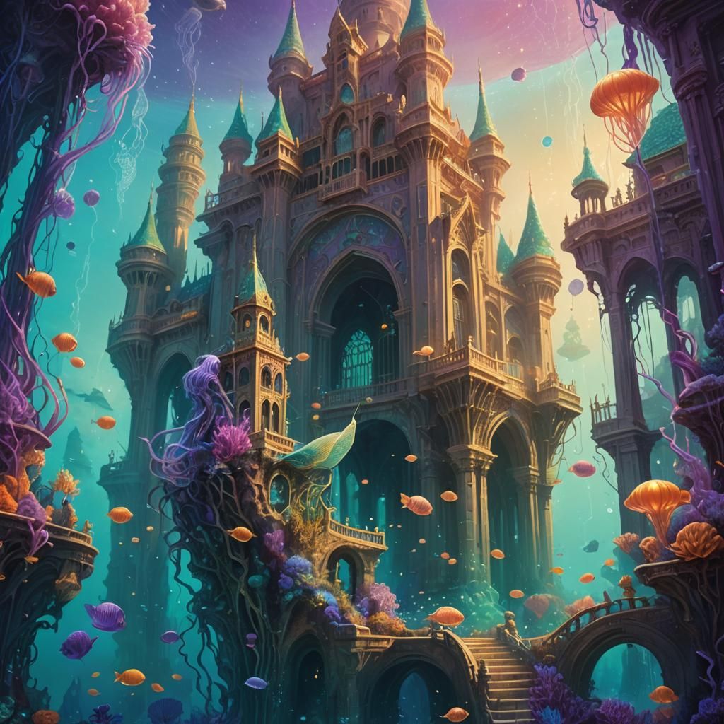 Mermaid in Ethereal Underwater Palace Concept Art