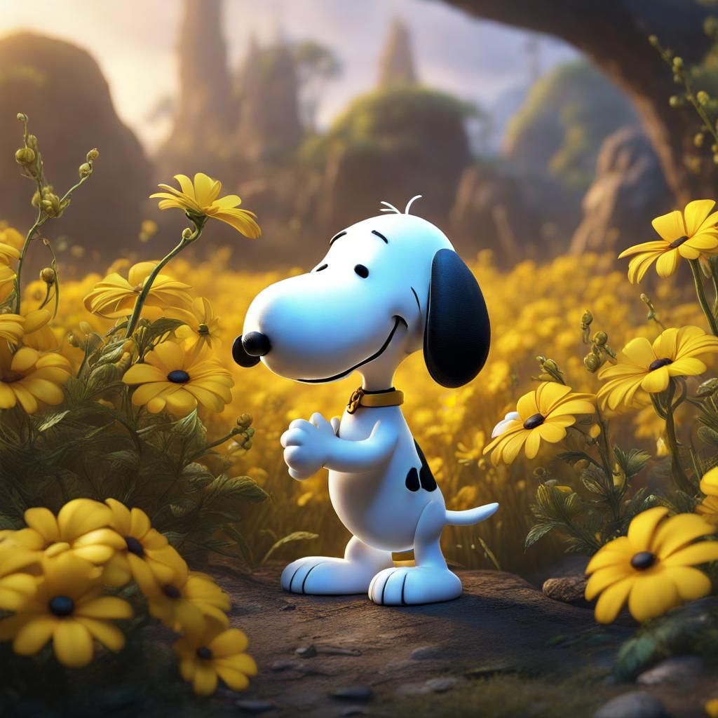 snoopy giving yellow flowers of the species Deinandra Kellog...