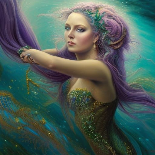 "Hyperrealist painting of an extraordinarily beautiful Merma...