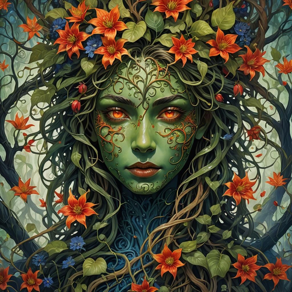 Bundle of green and orange vines, brown branchs, brown roots, green leaf tendrils, and red flowers reaching towards camera on fire, dark blu...