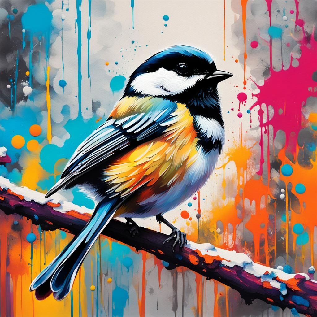 Expressionist Chickadee sitting on a branch