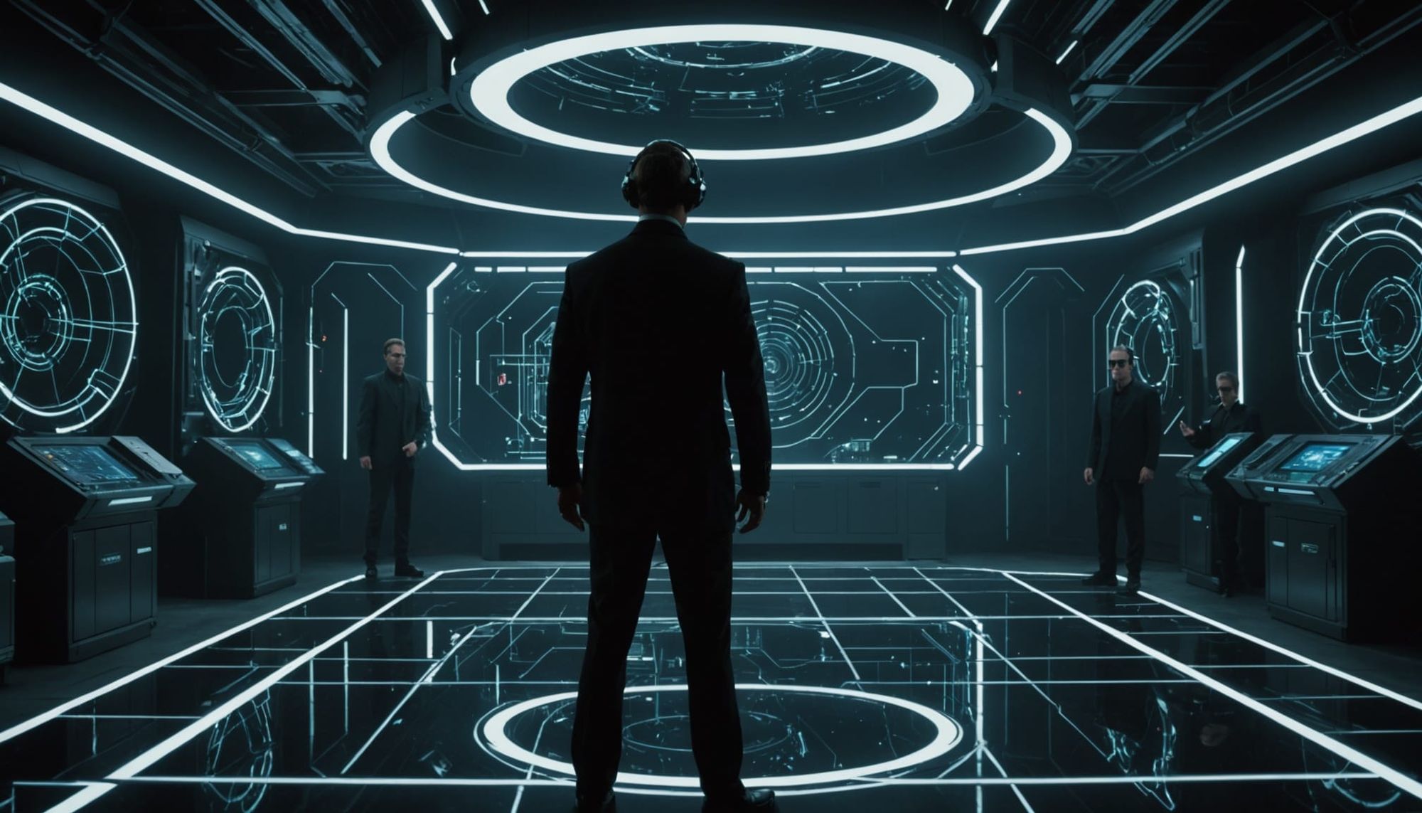 MIB Quantum Mechanics Division briefing scene — a covert agent stands in a shadowy black-site lab filled with humming quantum containment po...