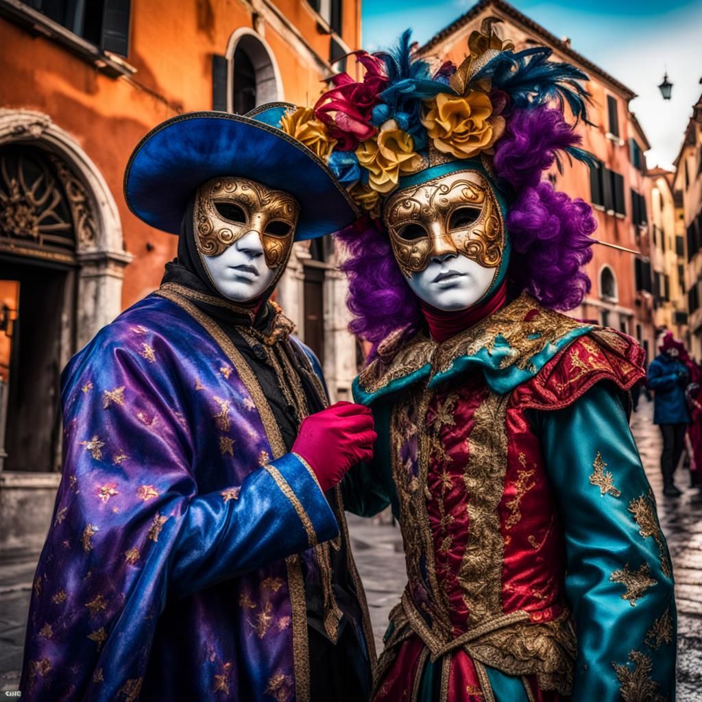 venise costum celebration in the streets with colorful peopl...