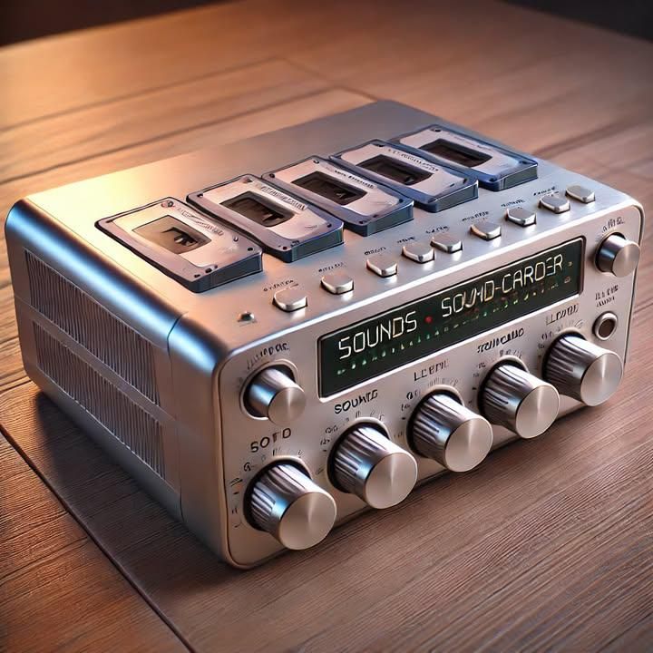 A front loading music player from the 90s with five sound cards inserted