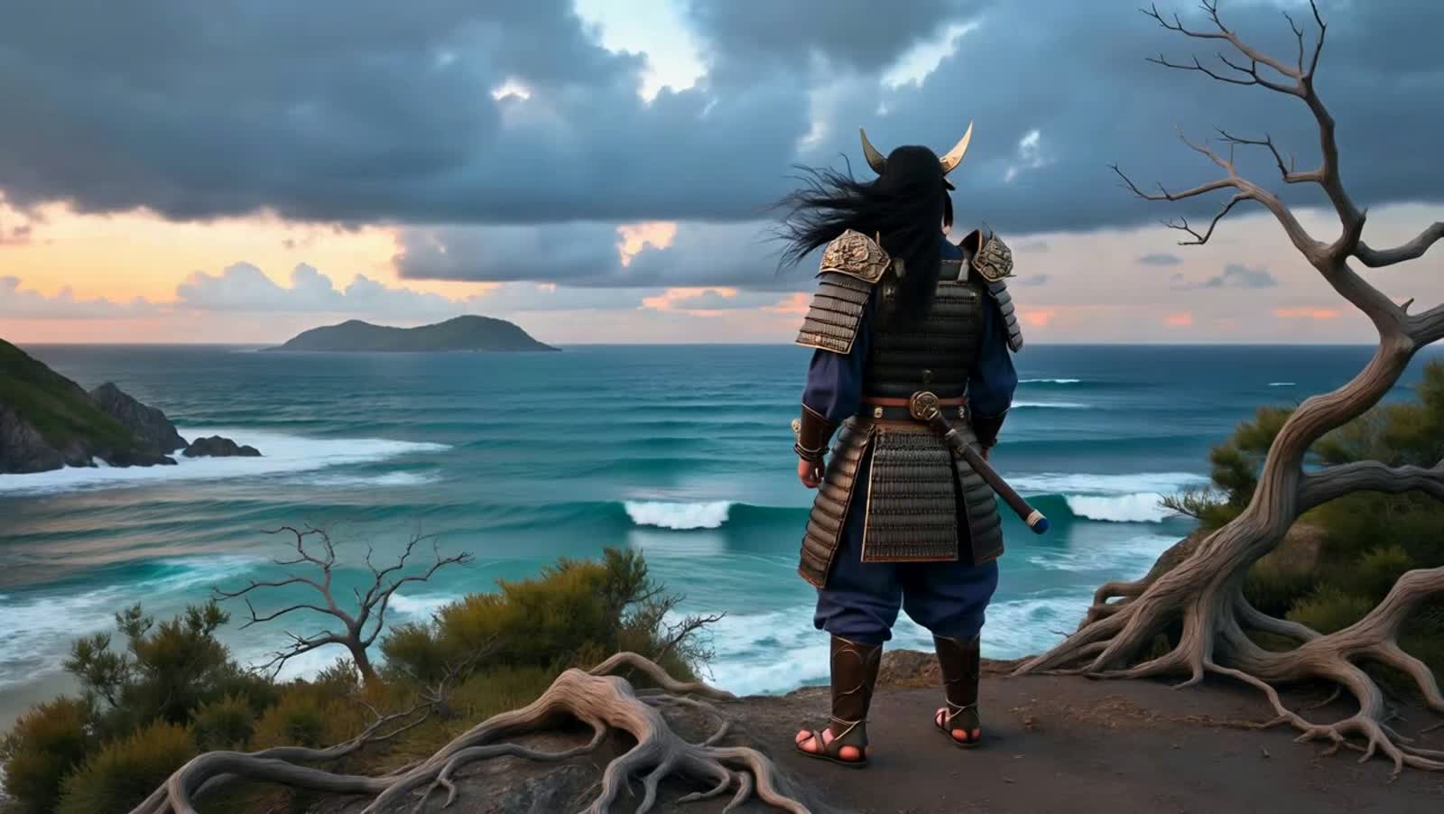 A lone samurai warrior, clad in ornate, dark armor, stands on a windswept cliff overlooking a stormy, ethereal sea. Twis...
