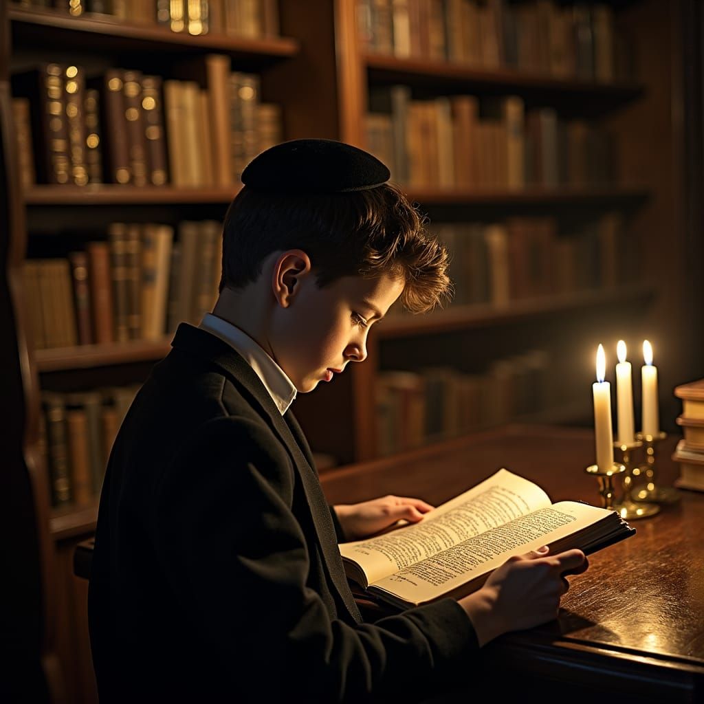 Torah Study: Orthodox Boy in Mystical Library