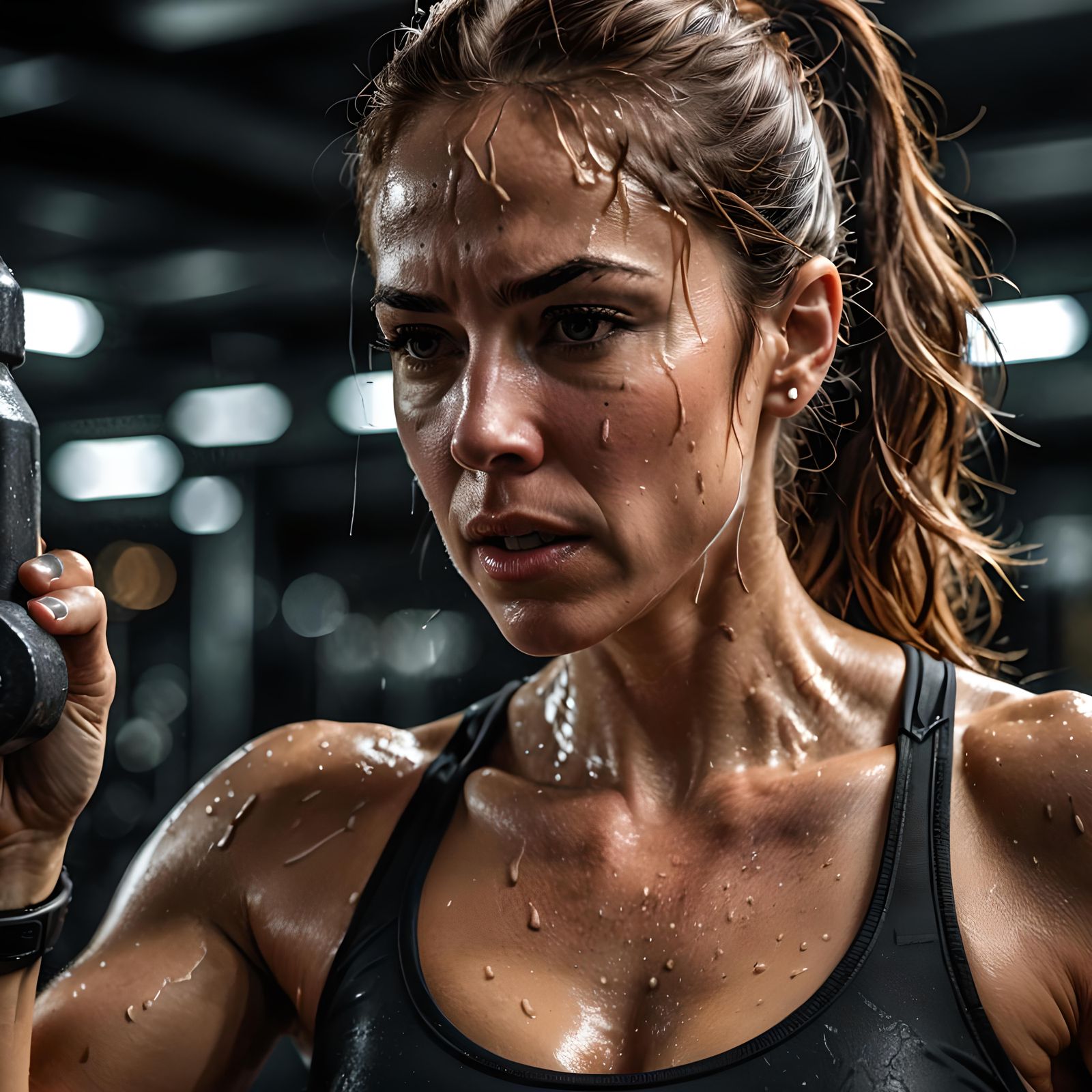 A lady dripping sweat from a workout