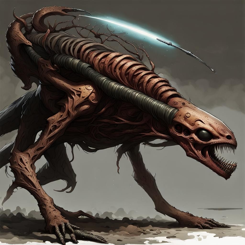 Bizzarre alien creatures made of a back substance similar to...