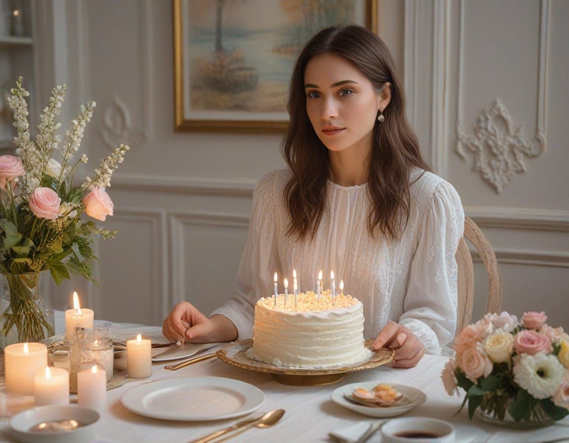 Lady in White Brings Birthday Cake in Soft Impressionist Mas...