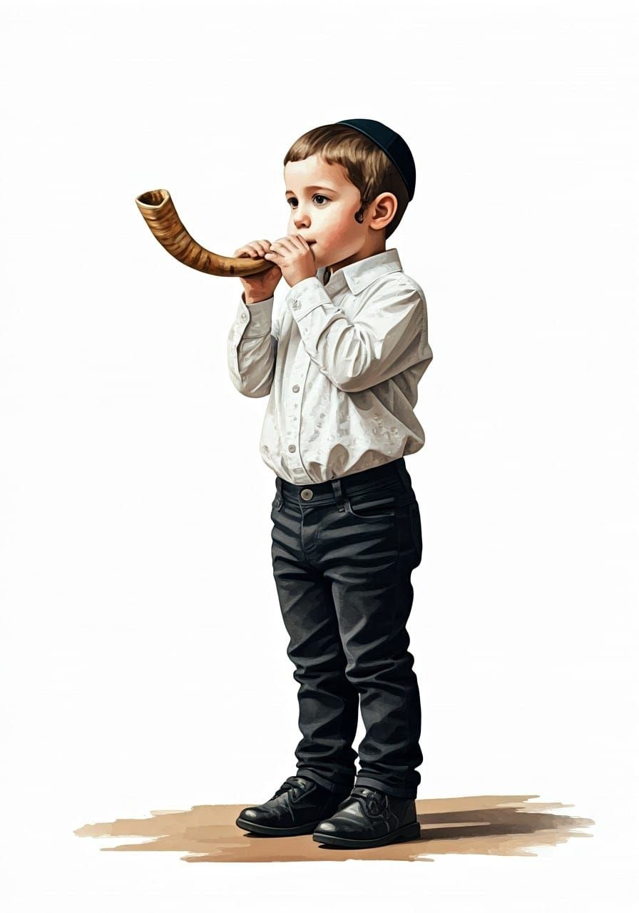 Boy Blowing Shofar in Watercolor Style