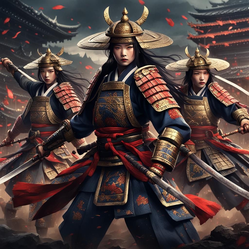female warriors known as onna-musha (女武者) fighting alongside...