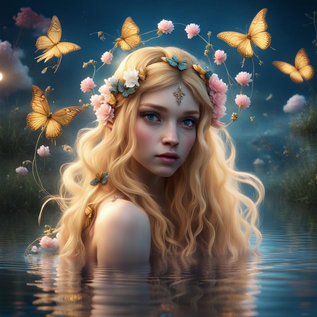 whimsical young fairy with long golden blonde hair with flow...