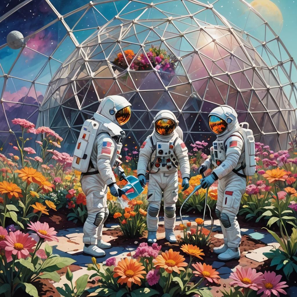 Three men in spacesuits tending to the flowers in a geodesic...