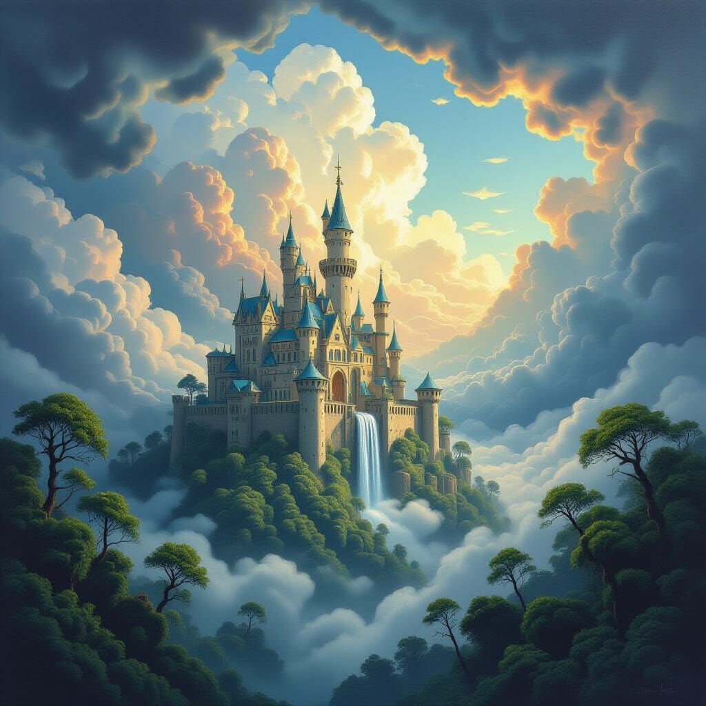 Surreal Ancient Castle Landscape with Mystical Clouds