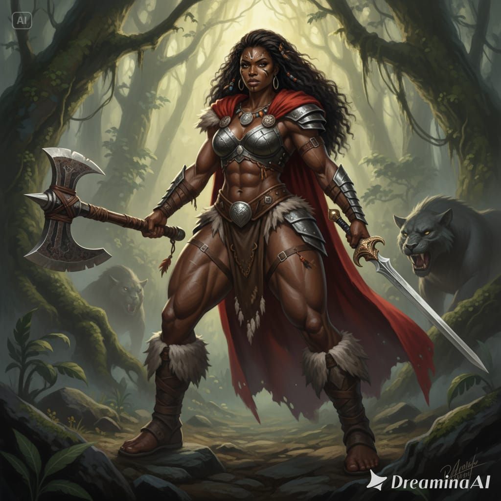 fierce warrior brunette Amazonian Black woman her body is hu...