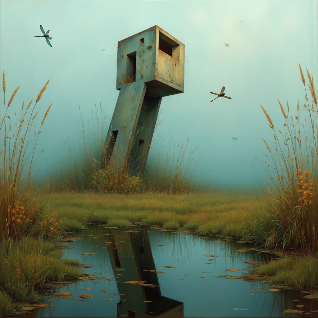 <lora:Brutalist Wilderness:1.0> Oil painting of a brutalist watchtower leaning sideways in an overgrown marsh in the style of Paul Kenton a...