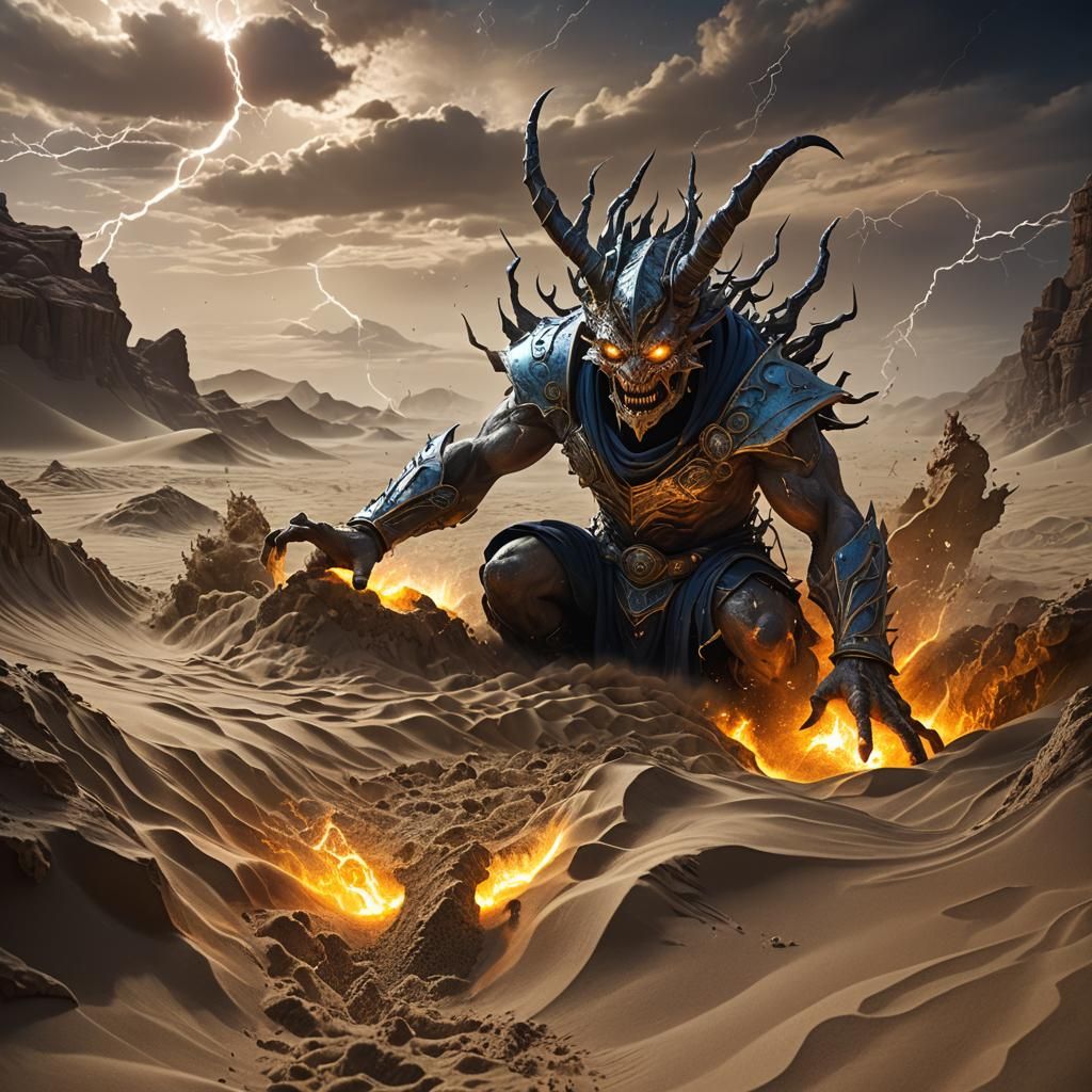 Sand demon makeing glass out of Sand and lightnings