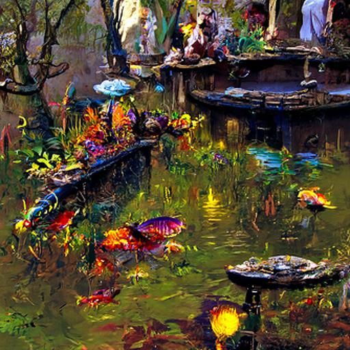 Fish pond by Claude Ferdinand Knab oil on canvas detailed