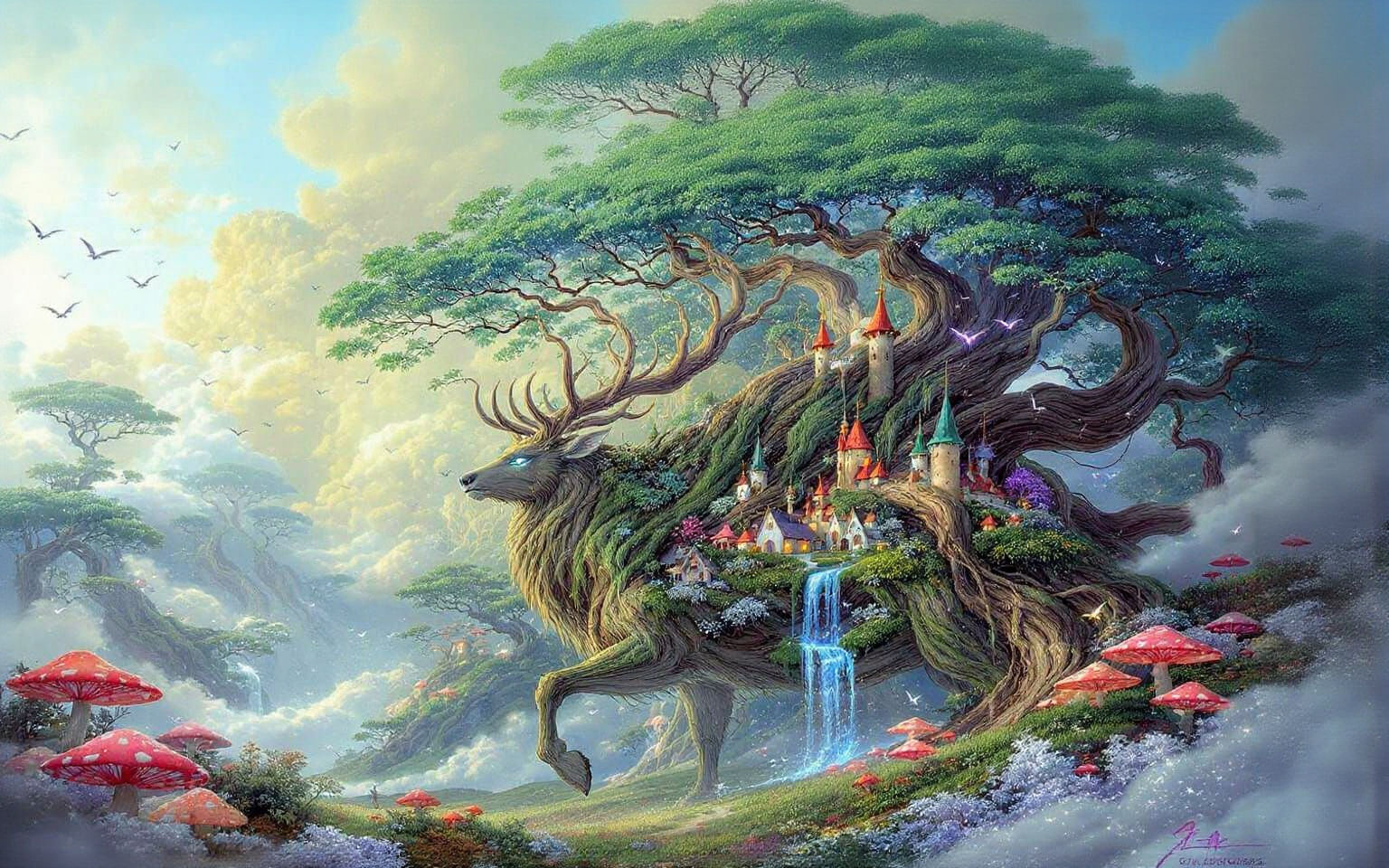 an interesting, beautiful  fantasy giant deer with a magical kingdom inside its back, a magical castle, ...  by @Spearmint