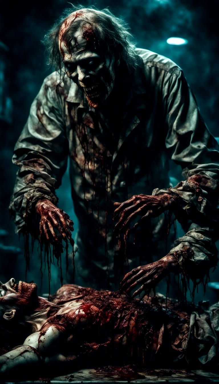 <lora:horror:1.0> <lora:Macabre:1.0> <lora:Psychedelic Horror:1.0> rotting bloody cannibal zombie eats a man in the morgue,in the style of C...