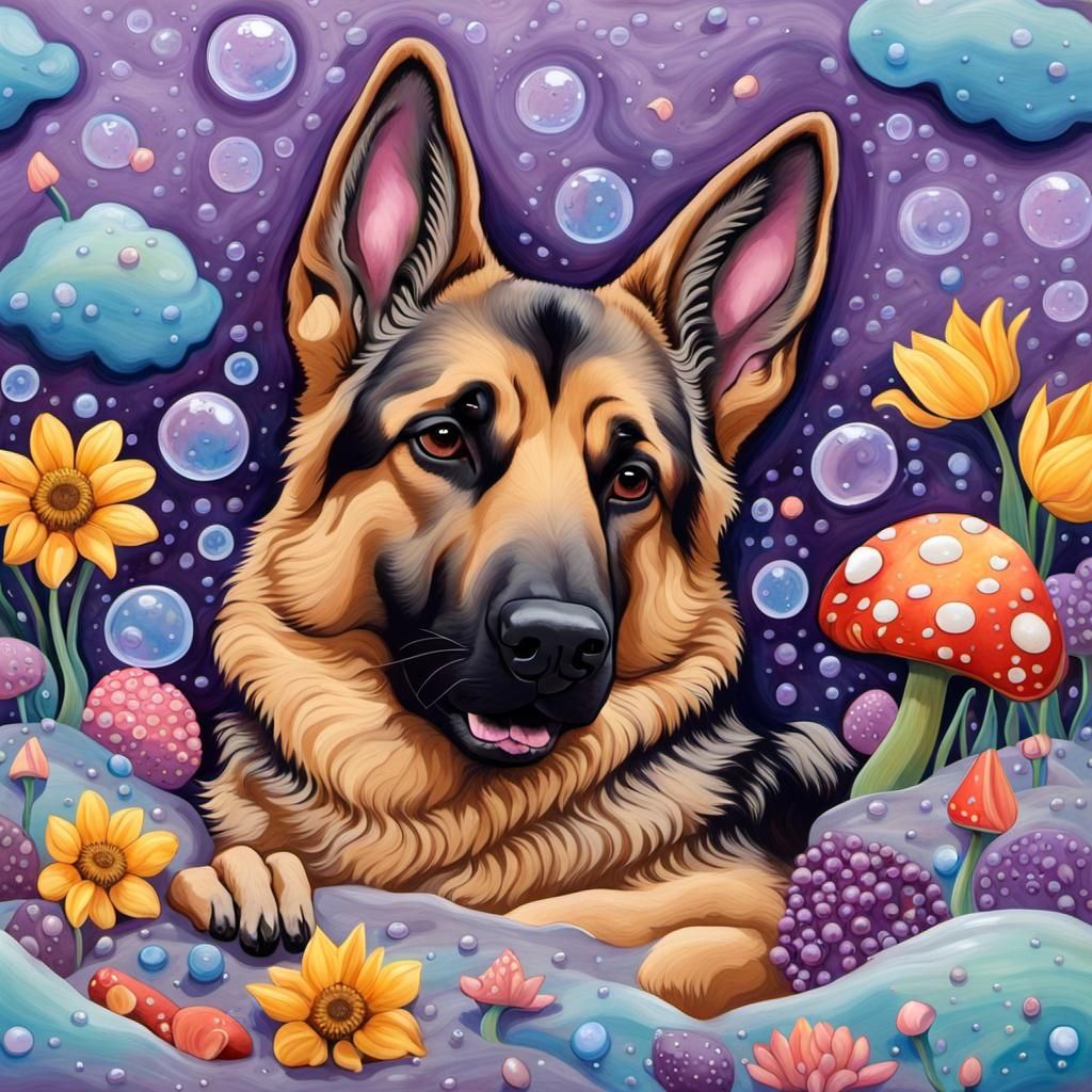 Dreamy German Shepherd in Gouache Wonderland