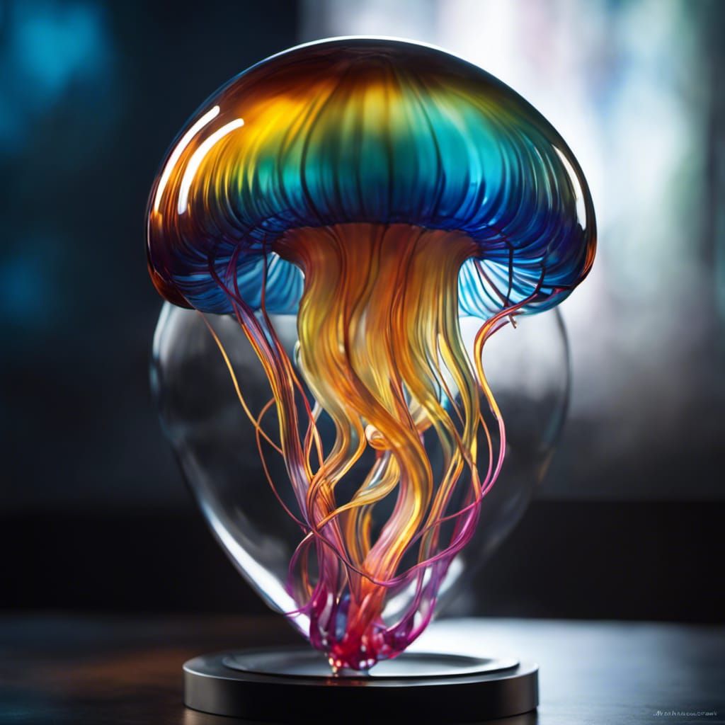 A blown glass multicolored jellyfish by Moana glass and Ryan...