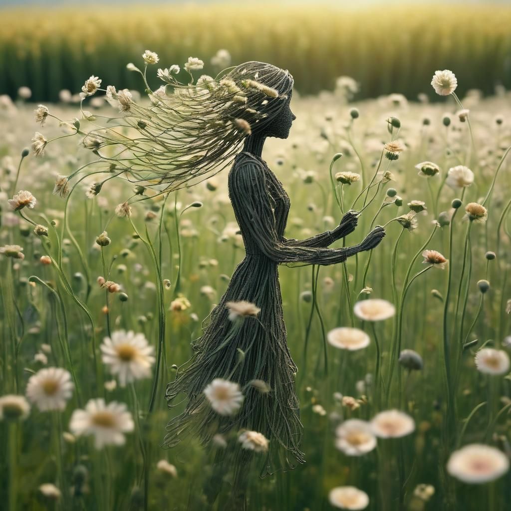 beautiful flower stem in the shape of a faceless tiny woman figure, dozens of different strands blowing ...  by @Kindly Offer