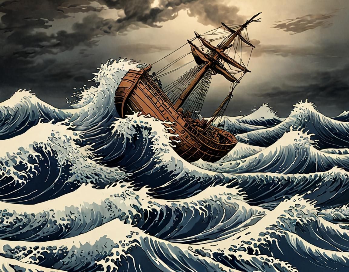 Stormy seas shipwreck rocks Hokusai  by @KJ