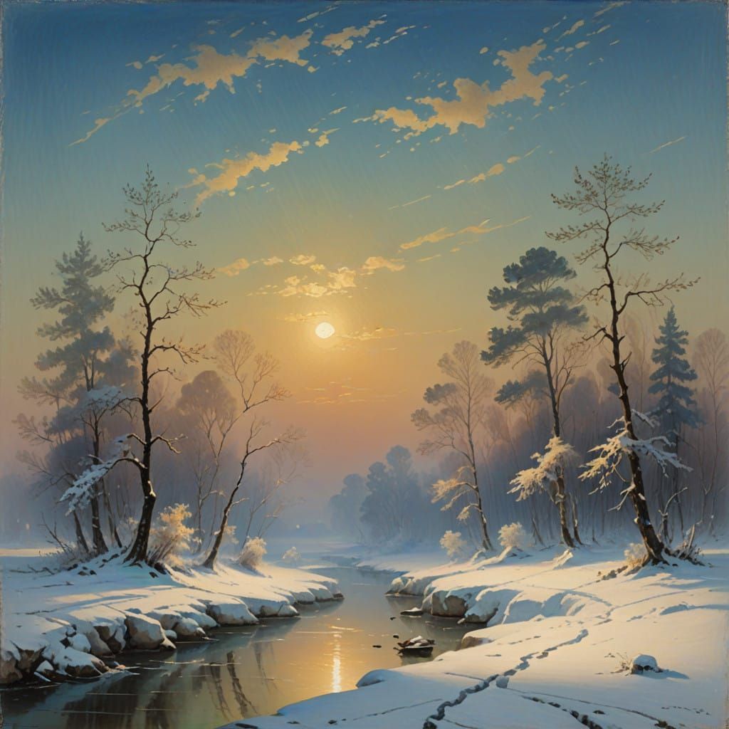 snowy flat landscape with snow-covered trees, sunny day, freezing  by @Teu