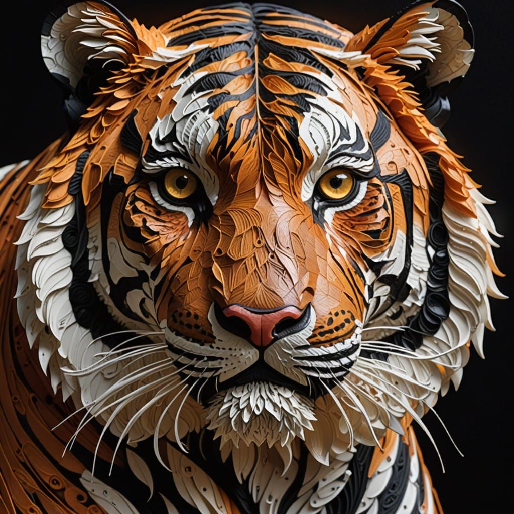 A stunning close-up of a tiger's face, created with layered paper quilling, showcasing rich orange and ...  by @Horse-T
