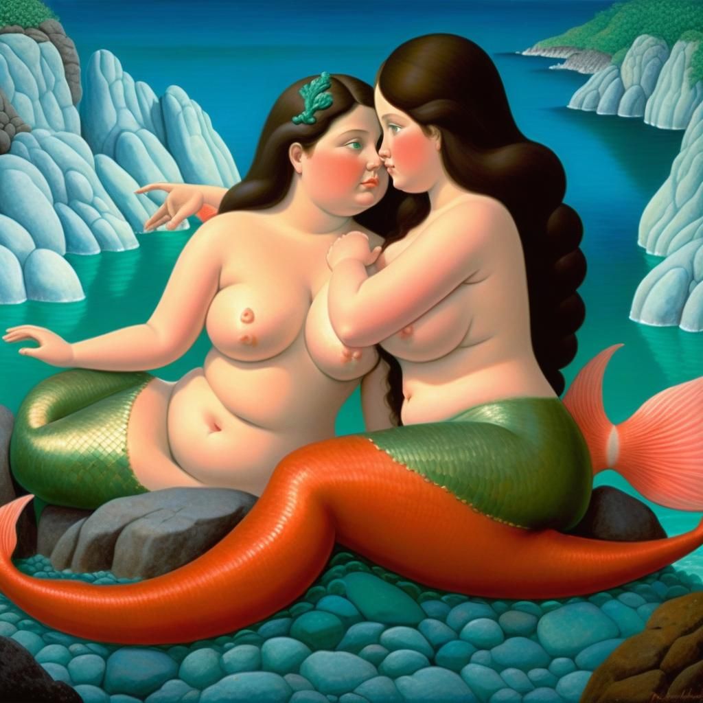 fine art fantasy mermaids embracing, heavy brushstrokes, faded impasto technique, hard etching heavenly sunshine beams divine bright soft fo...