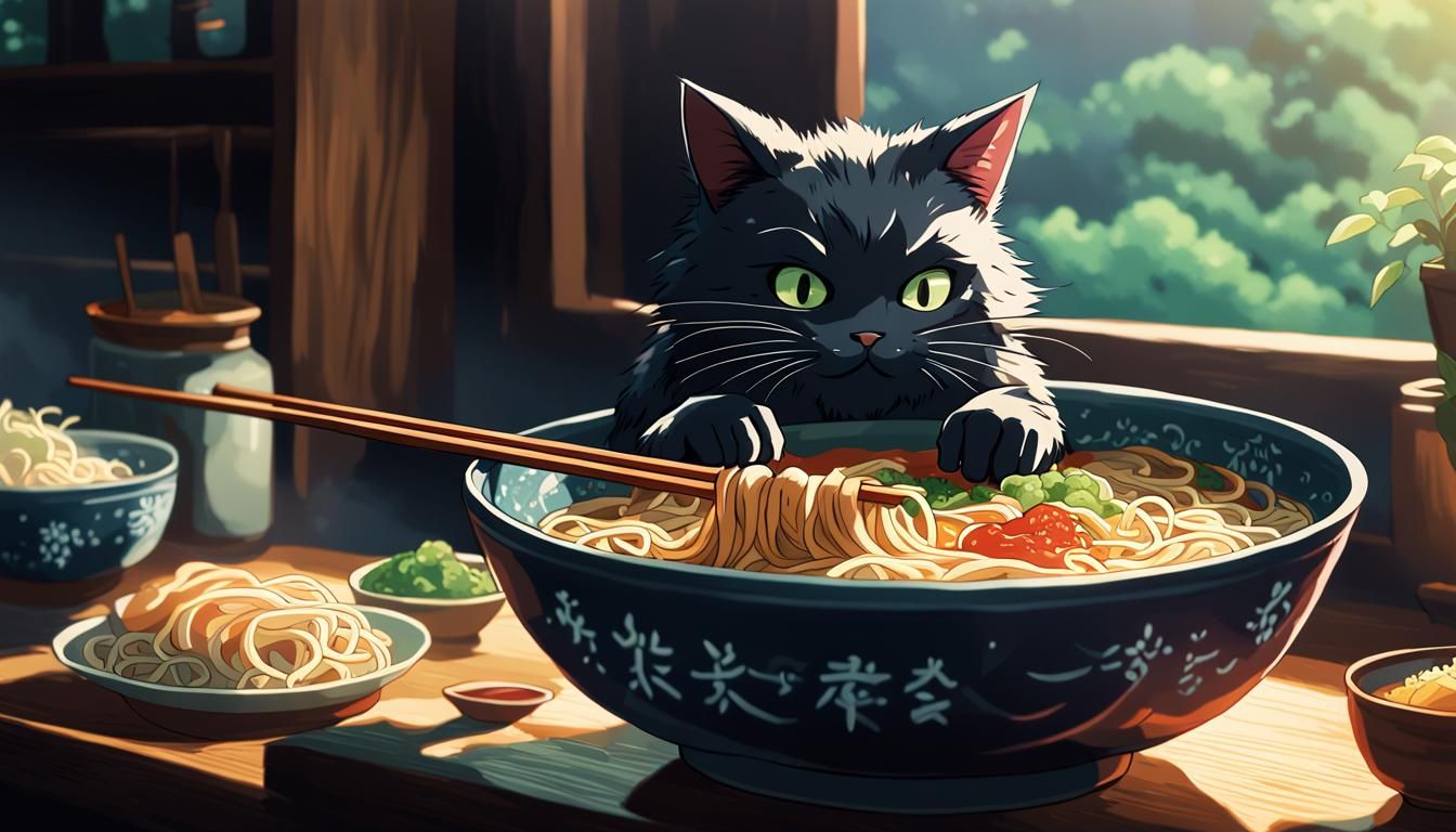 A ninja_cat eat a hot steamy bowl of ramen Studio Ghibli, Anime Key Visual, by Makoto Shinkai, Deep Color, ...  by @Daft Aertist