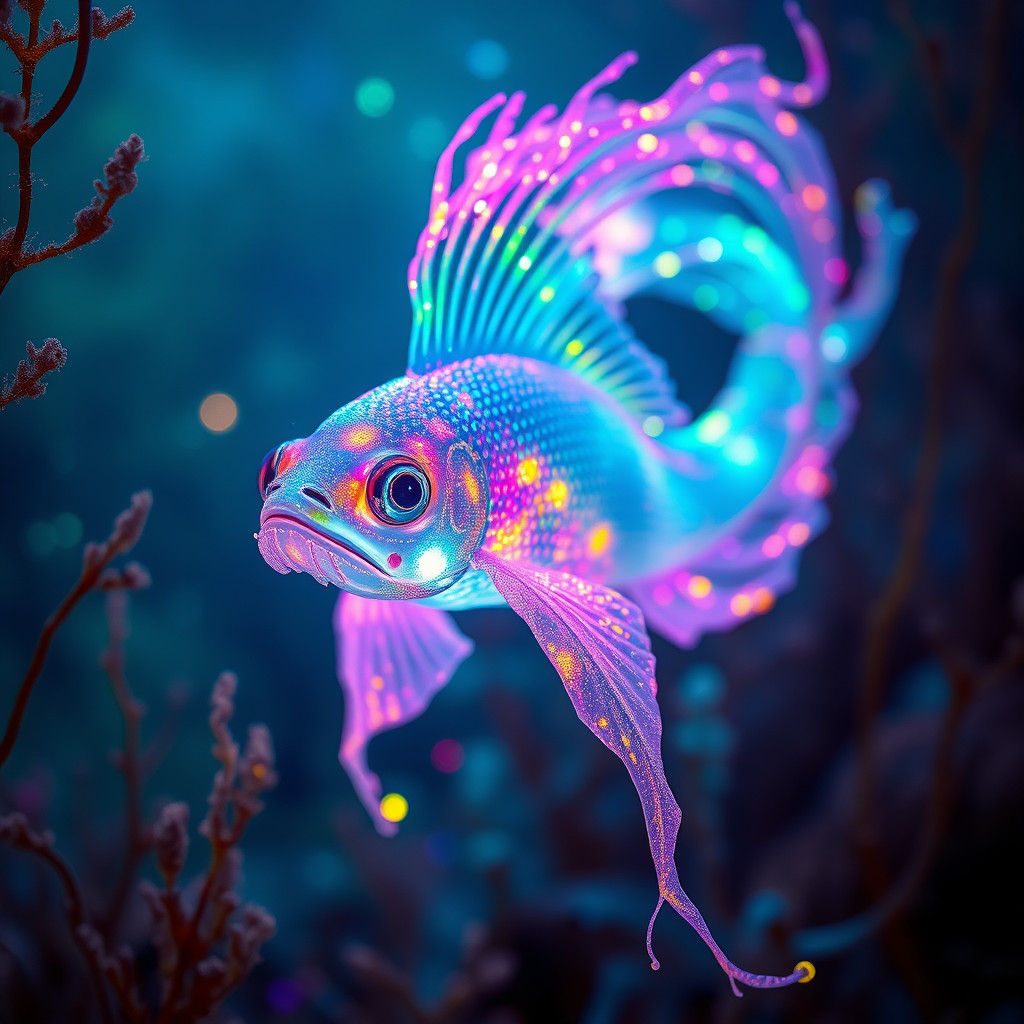 Bioluminescent digital art. Close-up. A glowing, ethereal aq...