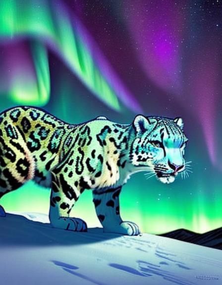 <lora:Neon Glow:1.0> Perfectly Drawn "Snow Leopard" in the Alaskan tundra:: perfectly detailed :: Aurora  glowing galaxy sky