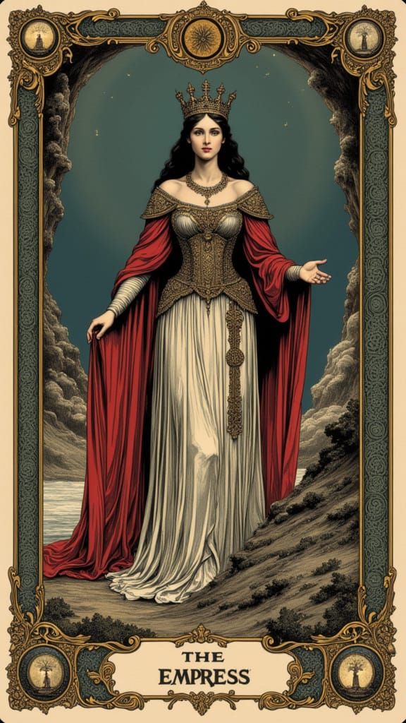 "The Empress" tarot card, beautiful, regal, ornate borders, tarot card by Dürer <lora:Tarot by Durer:0.5>