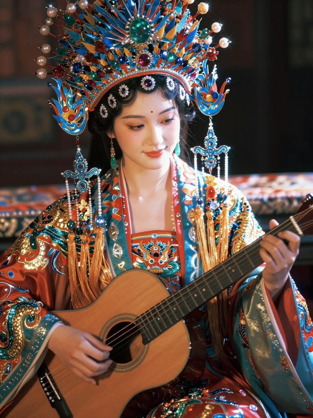 Night lantern light extreme closeup Portrait of Chinese goddess with big hair wearing elaborate imperial dragon robe 
shimmering metallic th...
