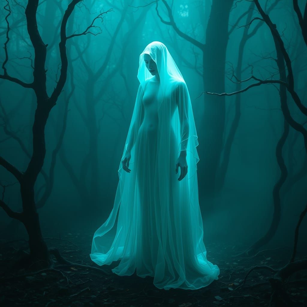 Ethereal Ghostly Figure in Eerie Forest
