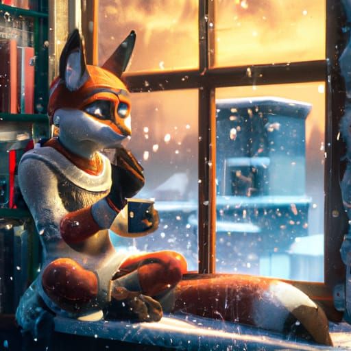 Humanoid fox in a sweater sitting by a windowsill on a snowy...