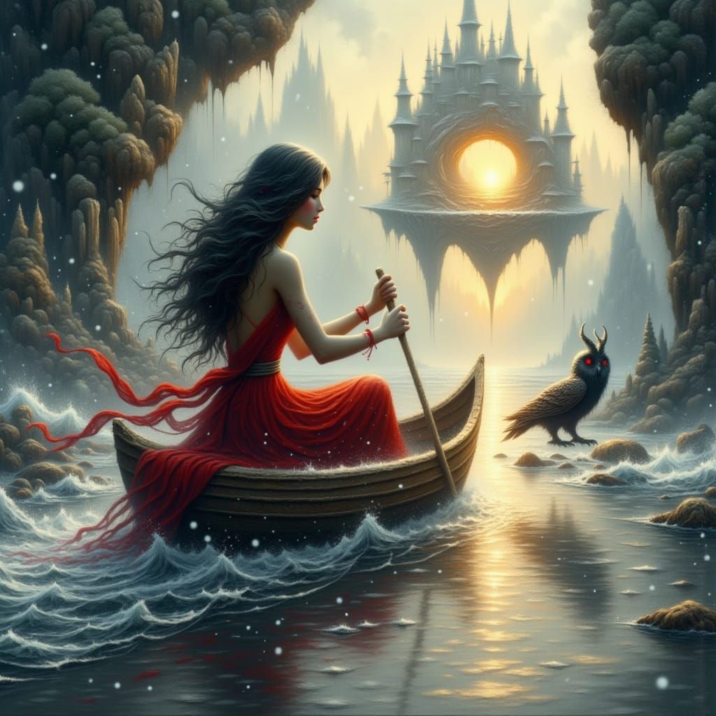 <lora:Elegant Paint Drip:1.0> A beautiful woman with long flowing hair in a red dress is rowing an ethereal rowboat that is entirely made of...
