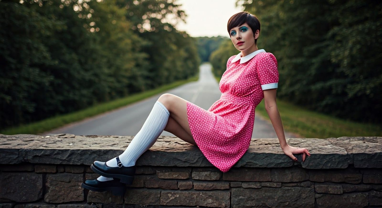 woman, 33. quiet country road. dusksitting on a wall. Outfit She is