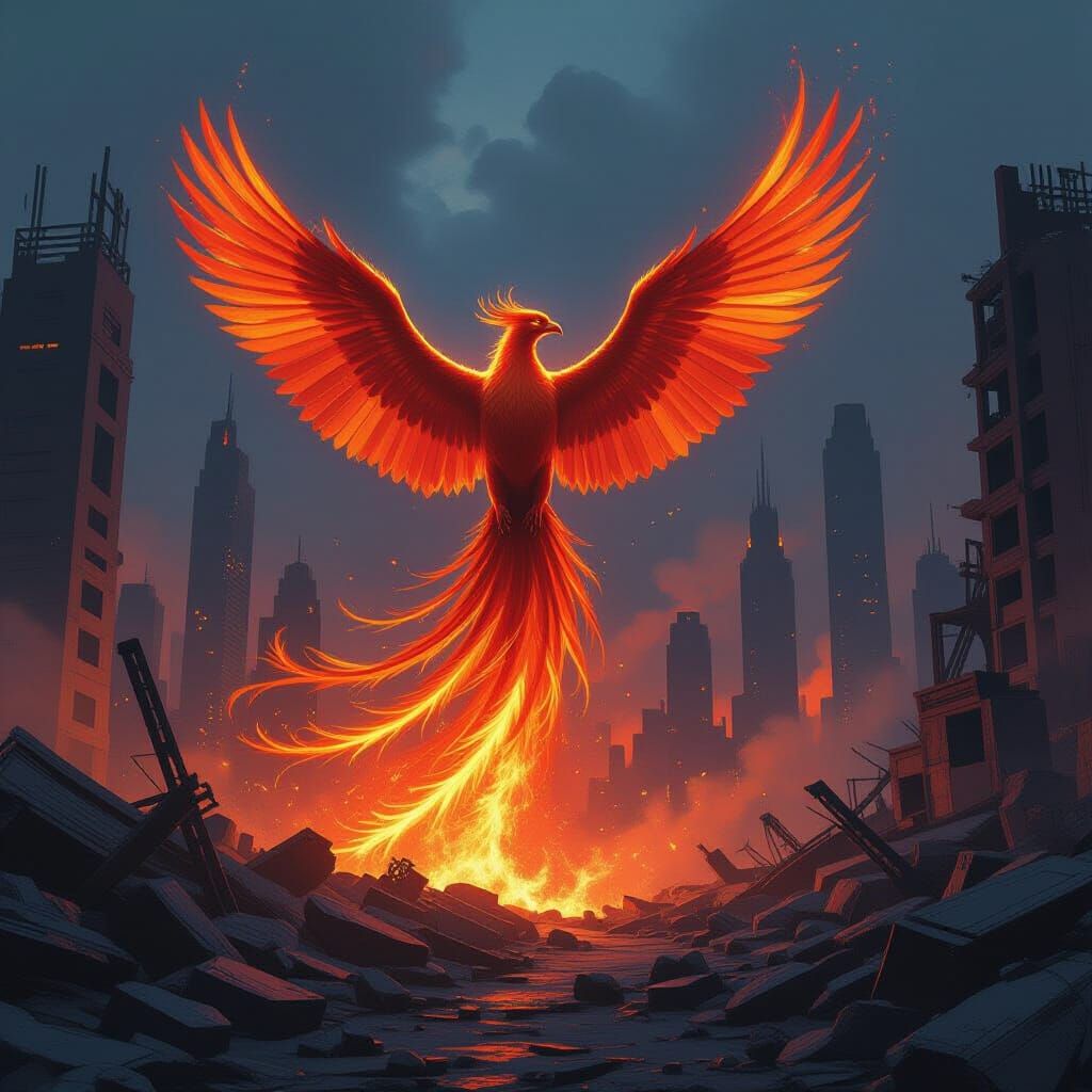 Phoenix Reborn in Futuristic City Ruins