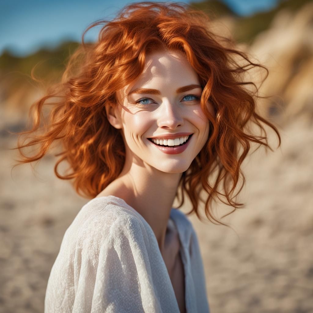 femme sensuelle rousse cheveux courts yeux bleus nue sur la plage poitrine  opulente sourire - AI Generated Artwork - NightCafe Creator