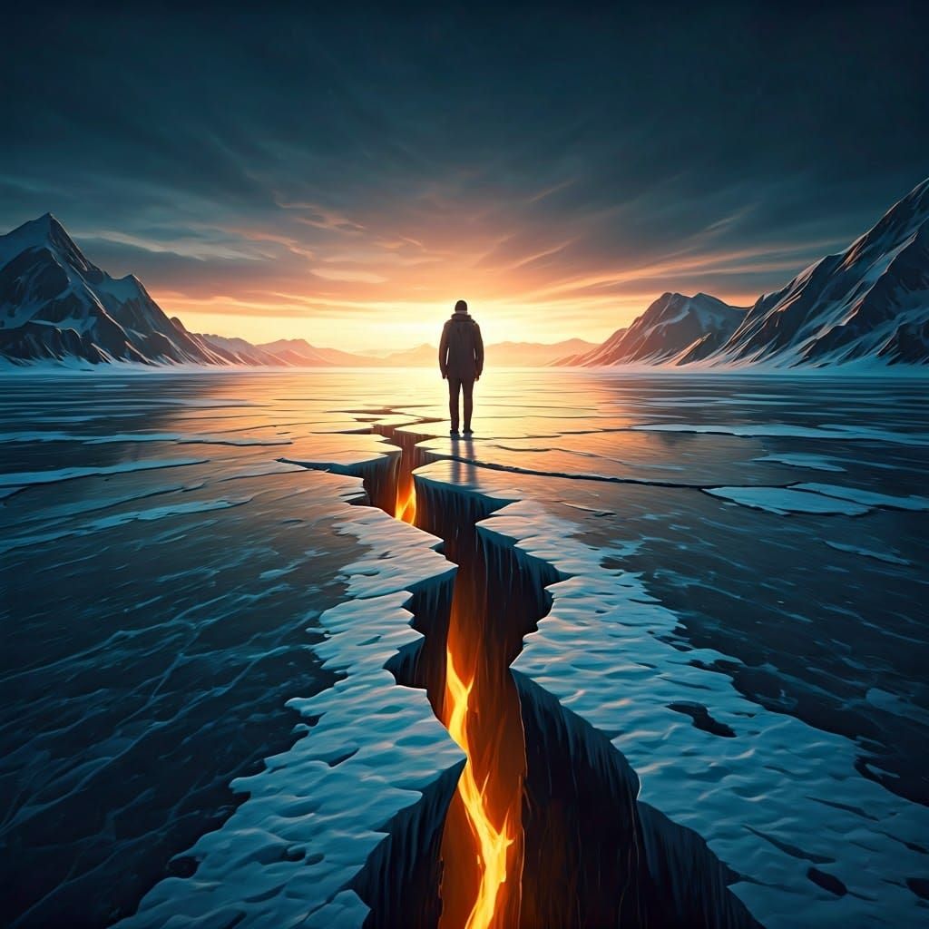 Confident Figure Defies Frozen Lake's Fragile Edge