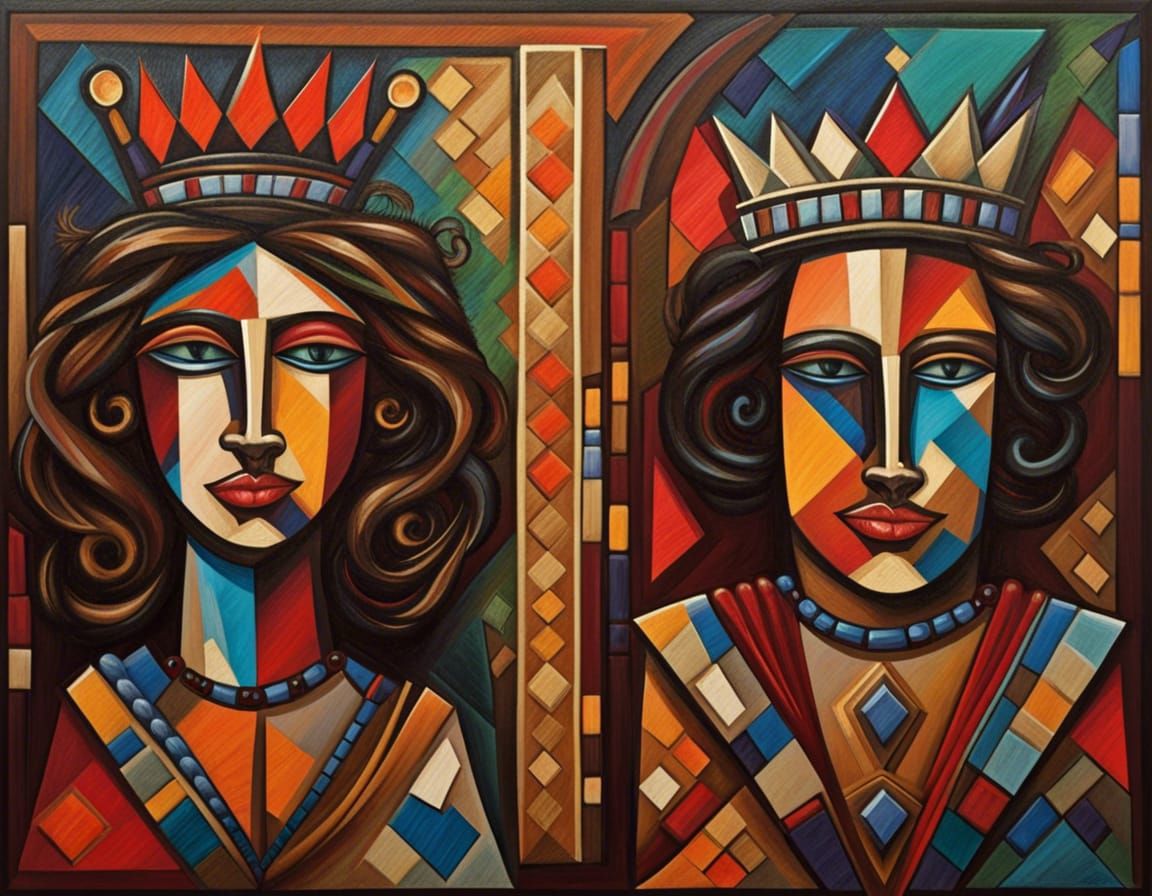 Create an imaginative oil painting featuring the king and queen face